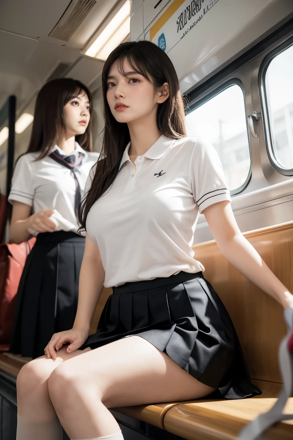 heavy rain, Soaking wet, Long Hair, bangs, (Two Girls:1.2), skirt, Brown Hair, shirt, Black Hair, Short sleeve, Brown eyes,  Long Hair, sitting in Train seat, white polo shirt, pleated skirt, Open clothes, shoes, socks, Striped, collared shirt, Hands behind back, bag, Pantyhose, Brown footwear, , school bag, Wet, (From below:1.2), (Plump breast:1.3)