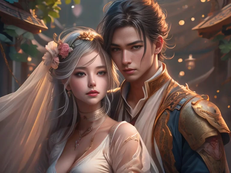 (Best Quality, Super Detail, Masterpiece, Representative Work, Official Art, Professional, Super Fine Detail, 8k:1.3), (photorealism:1.2), (Couple, Beautiful Girl and Boy), A couple in the sea of flowers, Handsome guy hugs beautiful girl from behind, Smiling and Wearing White Clothes, Delicate Hair, Chinese Beauty and Handsome Man, Wearing Ancient Chinese Clothes, Flowing Tulle, Light Silk, Create a movie poster similar to those used in Chinese romantic fantasy dramas, Correct proportions, Perfect face, perfect hands, Sweet atmosphere, Photorealistic, Sharp Focus, Dreamy Atmosphere, Delicate Details, Soft Volumetric Light, (Backlight:1.3), (Cinematic:1.2), Intricate Details, (ArtStation:1.3)