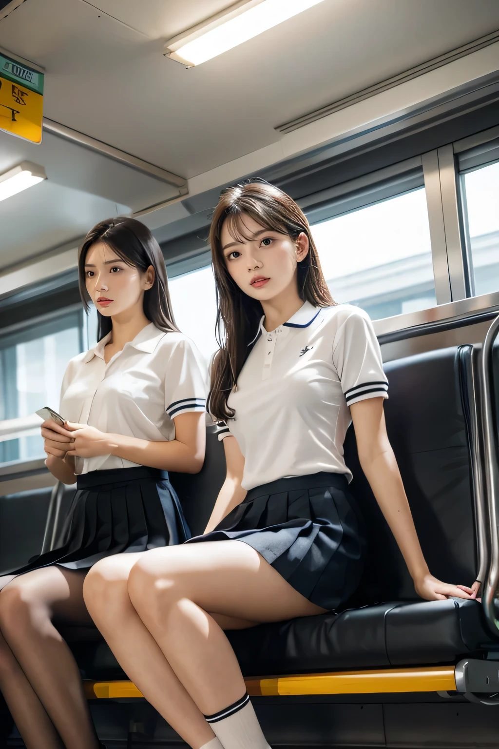 heavy rain, Soaking wet, Long Hair, bangs, (Two Girls:1.2), skirt, Brown Hair, shirt, Black Hair, Short sleeve, Brown eyes,  Long Hair, sitting in Train seat, white polo shirt, pleated skirt, Open clothes, shoes, socks, Striped, collared shirt, Hands behind back, bag, Pantyhose, Brown footwear, , school bag, Wet, (From below:1.2), (Medium breast:1.2)