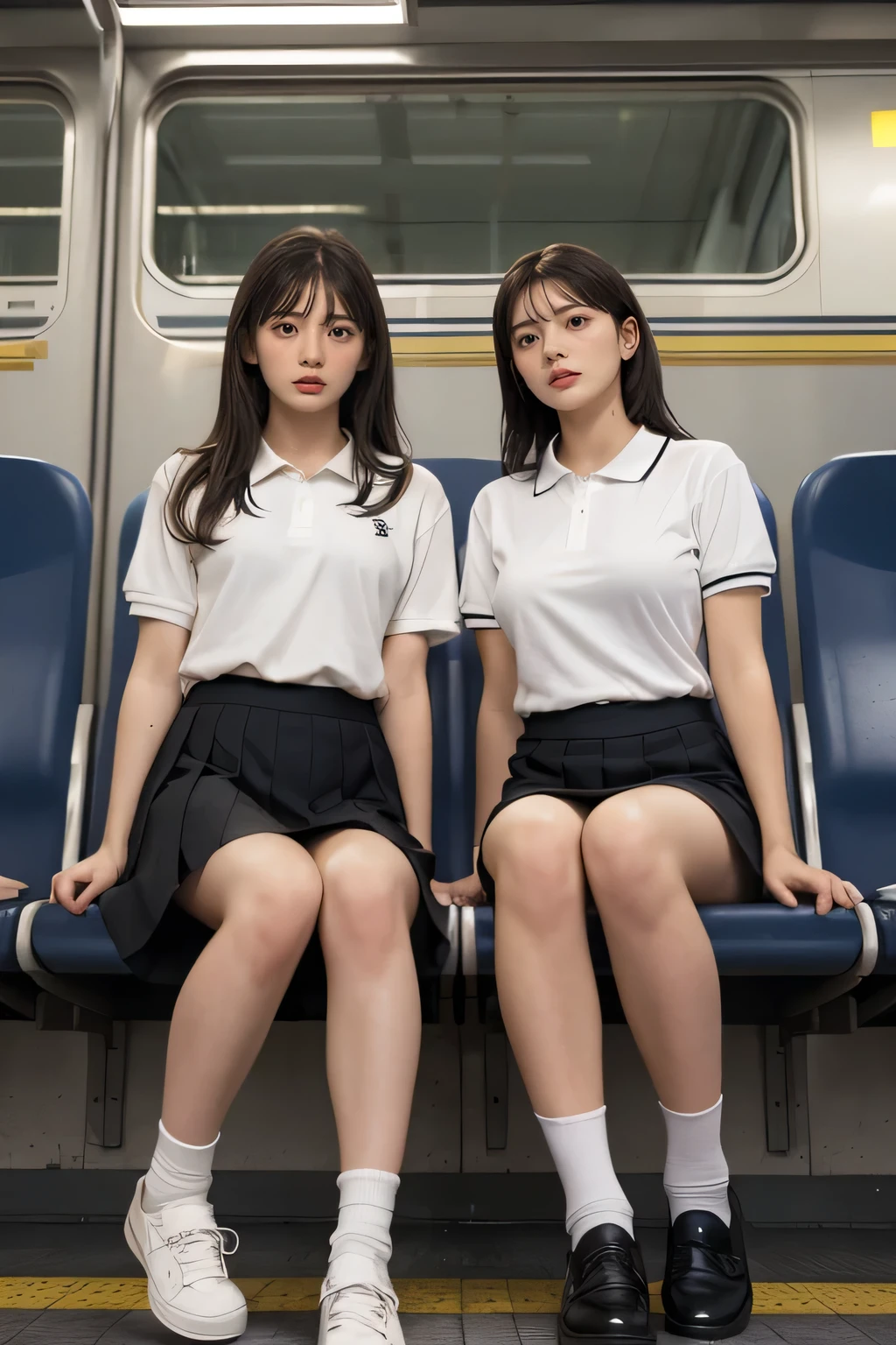 heavy rain, Soaking wet, Long Hair, bangs, (Two Girls:1.2), skirt, Brown Hair, shirt, Black Hair, Short sleeve, Brown eyes,  Medium Hair, sitting in Train seat, white polo shirt, pleated skirt, Open clothes, shoes, socks, Striped, collared shirt, Hands behind back, bag, Pantyhose, Brown footwear, , school bag, Wet, (From below:1.2), (Big tits :1.2)