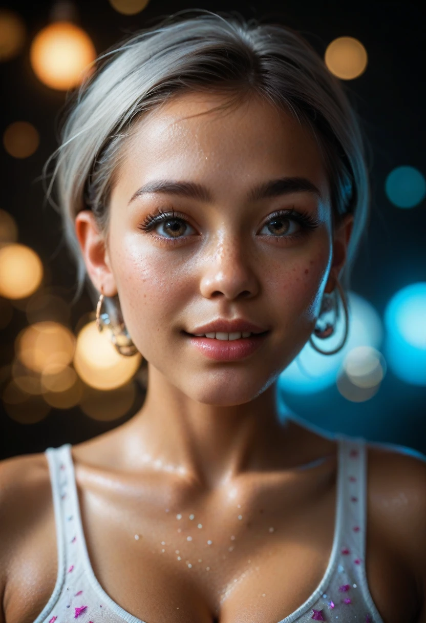 ( detailed sci-fi scene :1.2), style of  glitter and chrome , Cinematic photo shoot,  cute girl , 22 years old,  short silver hair, ( showing deep cleavage ), (tanned Oily skin), Glowing skin, ((Cute face)), 160 color holder, Shot on ARRI ALEXA 65, Bokeh Light,  the subject is in focus, Best details, Realistic, High background detail,high face detail , Atmosphere of action, God&#39;s Rays, 8k,  ray tracing, (( detailed dramatic background )), (Sexy Uniform),  Open Shirt , photo shoot,  super real, Oily skin, sweat,  Glossy Skin,  dynamic pose, make out, Seduce,  moans, Ahegao, Cute,  dramatic scene ,  dramatic lighting ,  color grading , Dynamic Angle,  glitter and chrome ,