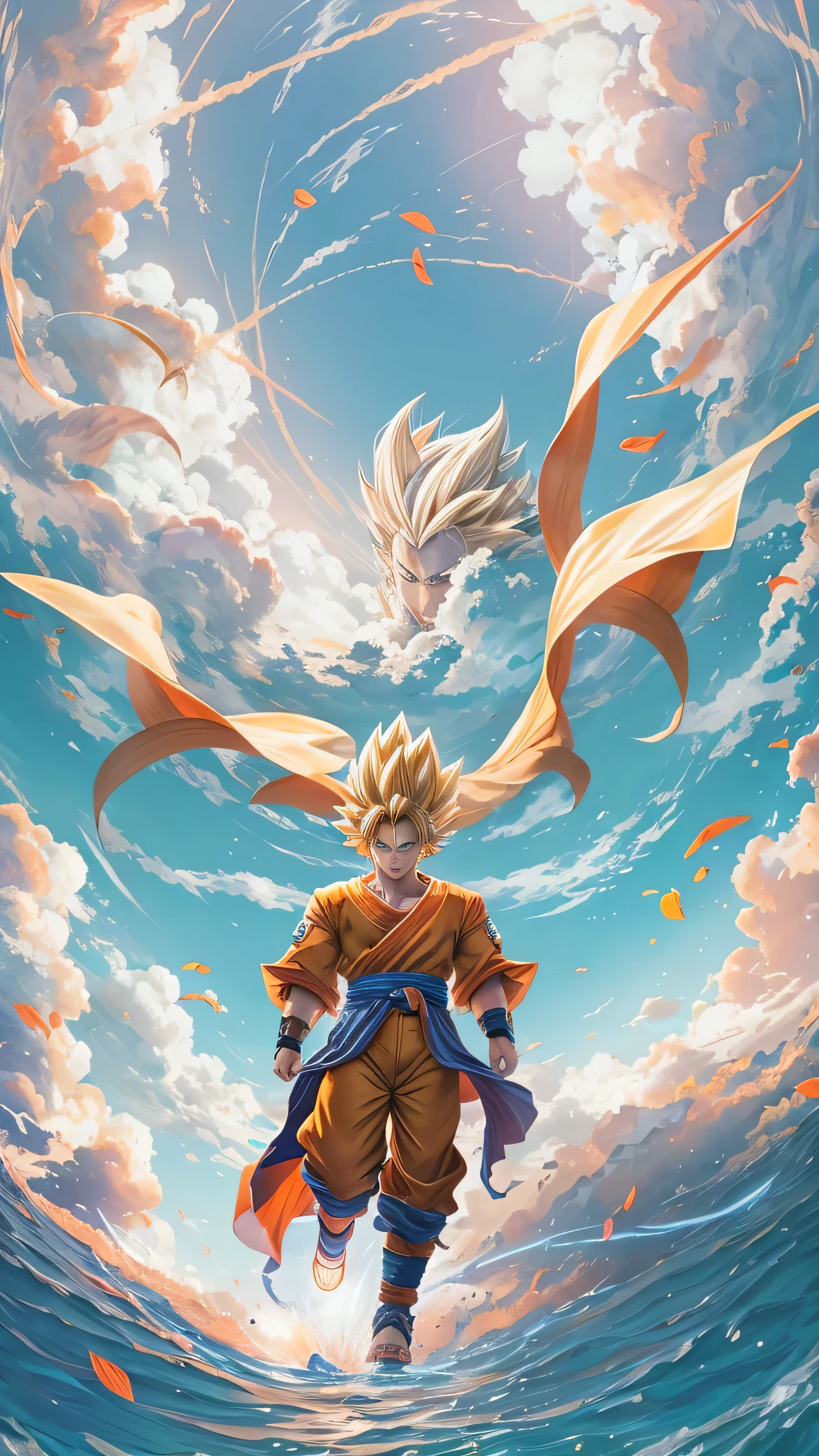  High Definition image riding on the cloud，Sun Wukong, One person, High definition，Facial details,  Super Saiyan , Goku&#39;s costume, alone, Blue Sky, cloud, sunlight, Blue Sky, On the ,  flying over the city,  full body high quality images, 