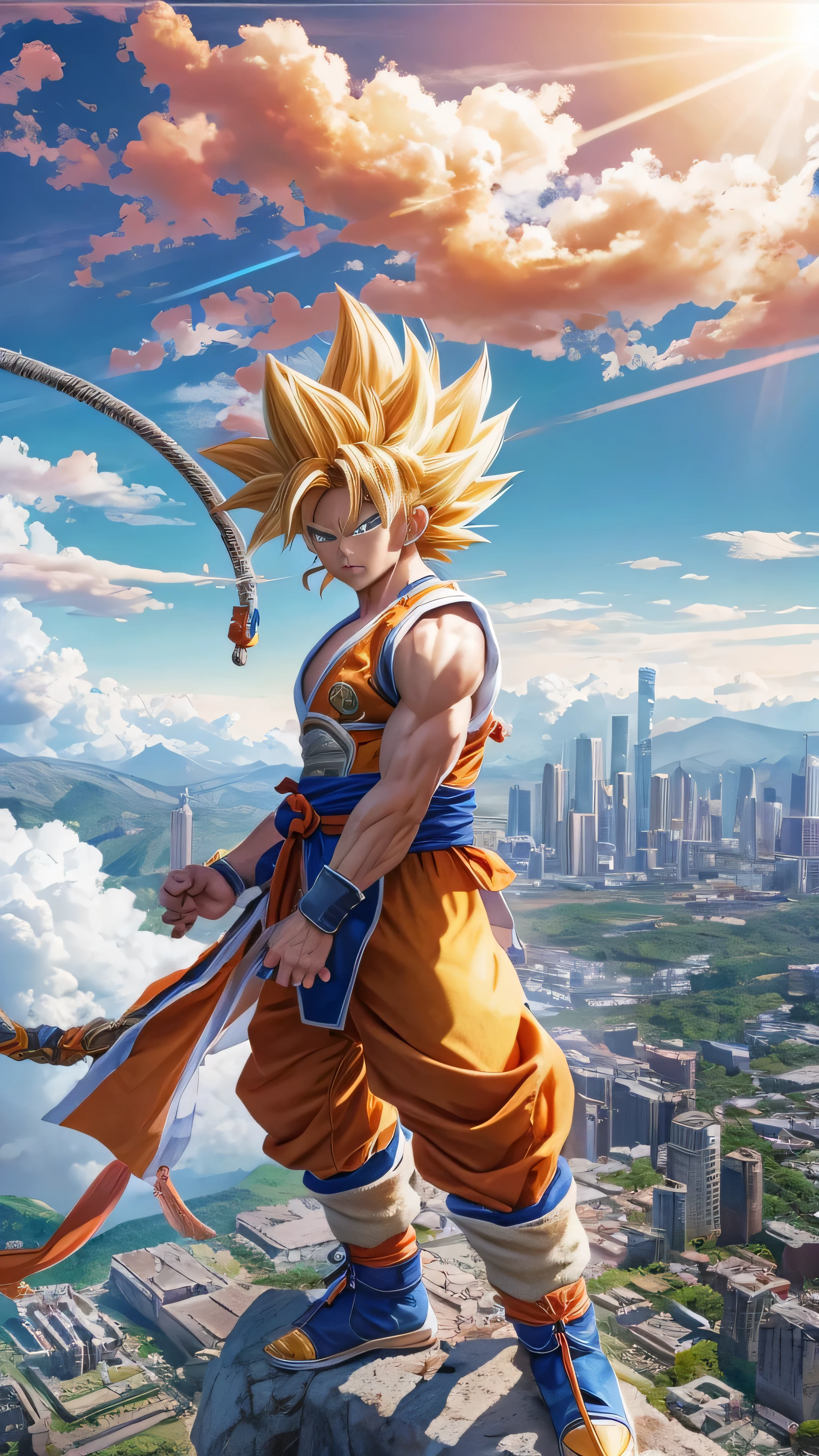  High Definition image riding on the cloud，Sun Wukong, One person, High definition，Facial details,  Super Saiyan , Goku&#39;s costume, alone, Blue Sky, cloud, sunlight, Blue Sky, On the ,  flying over the city,  full body high quality images,