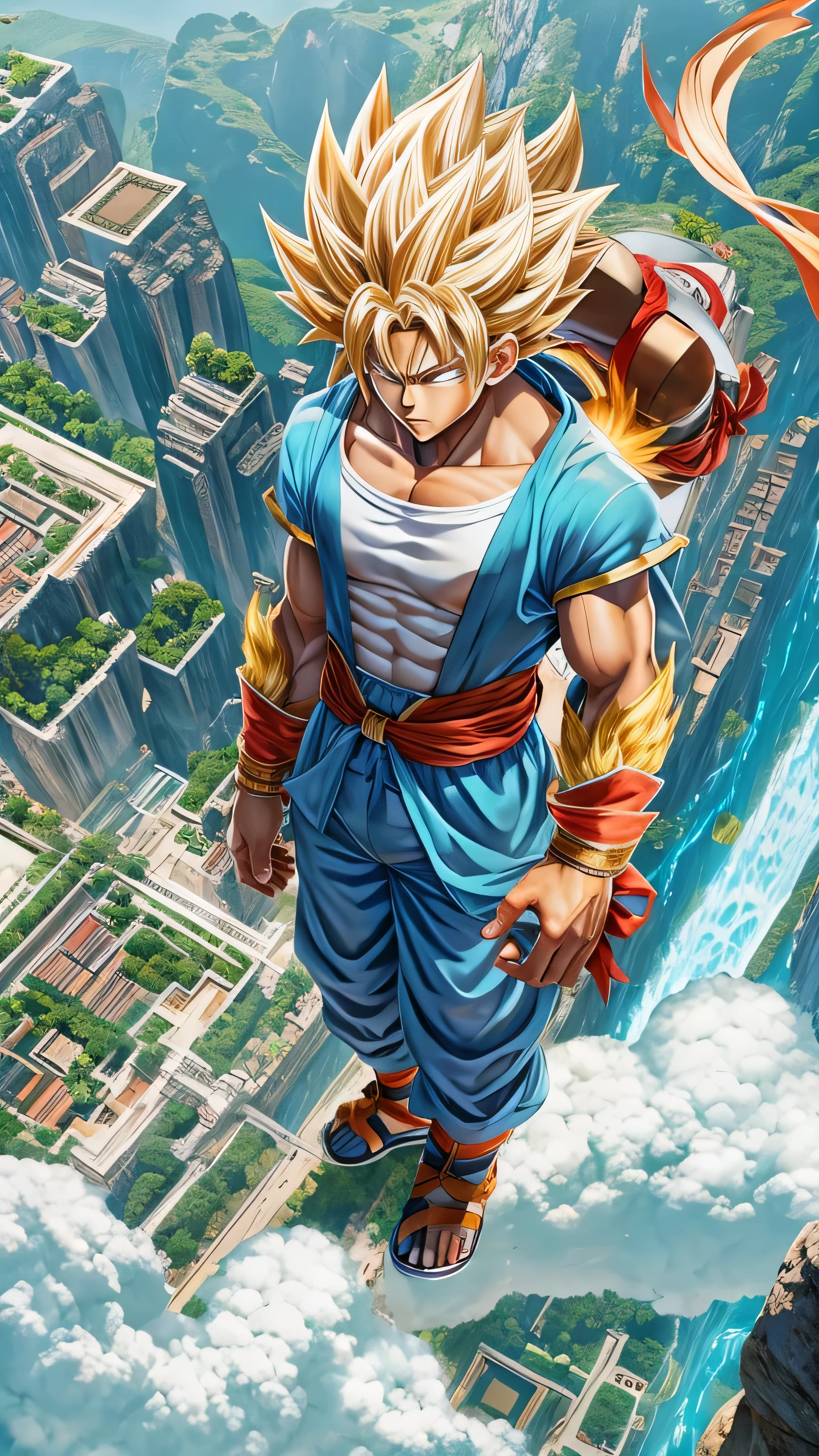  High Definition image riding on the cloud，Sun Wukong, One person, High definition，Facial details,  Super Saiyan , Goku&#39;s costume, alone, Blue Sky, cloud, sunlight, Blue Sky, On the ,  flying over the city,  full body high quality images, 