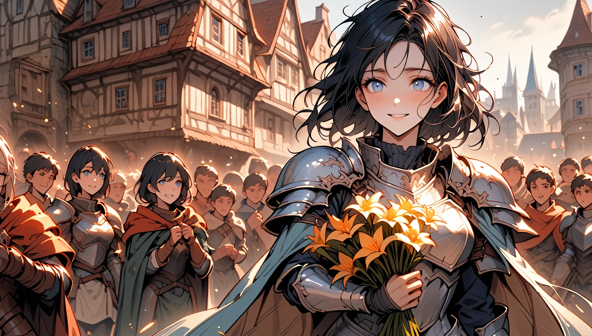 female focus, tall, cowboy shot, armor, knight, feminine armor, cropped hair, messy hair, black hair, broad shoulders, slightly bulky body, blue eyes, shy smile, fluttering, close up, cape, adult, heroic, town, large female, muscular, receiving flowers, cheering crowd, 