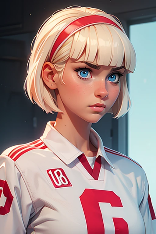 Robyn Starling,
light blonde, wavy short hair, blunt bangs,red hairband,
babyface,big detailed blue eyes,snub nose,slim light pink lips,
petite,short,thin,skinny,0 fat body,
masterpiece,best quality,HDR, 
dressing an oversized white and red hockey jersey,
