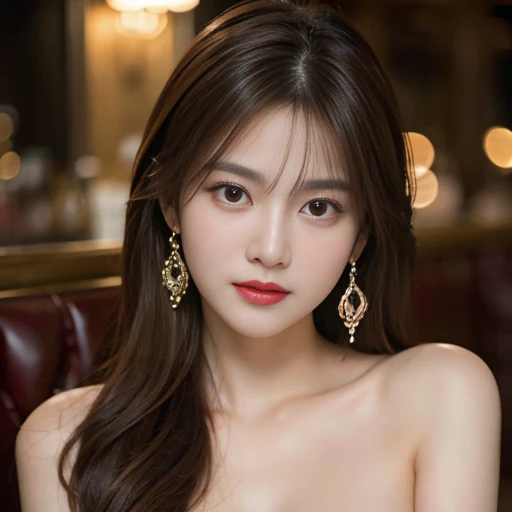 masterpiece, Best Quality, Realistic,  very detailed, Delicate details,  High Resolution , 8K wallpaper, Beautiful woman, Completely naked、 In a great restaurant, At night, Light brown messy hair,  Perfect Dynamic Composition,  beautiful beautiful eyes、Big earrings