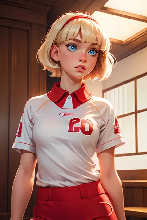 robyn starling,
light blonde, wavy short hair, blunt bangs,red hairband,
babyface,big detailed blue eyes, snub nose, slim light ...