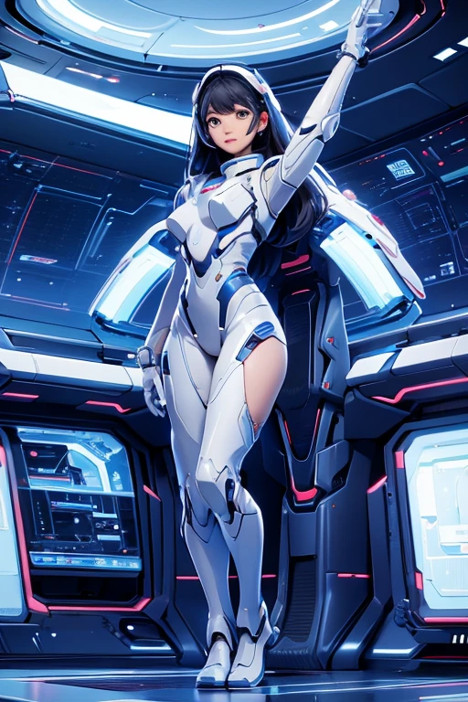 1 cute and beautiful girl, 20 years,  standing in a huge spaceship ,  Full of technology and futuristic interior ., open view , smooth lines,  inspired by the movie space traveler, seductive appearance,  ultra high definition, sexy long legs