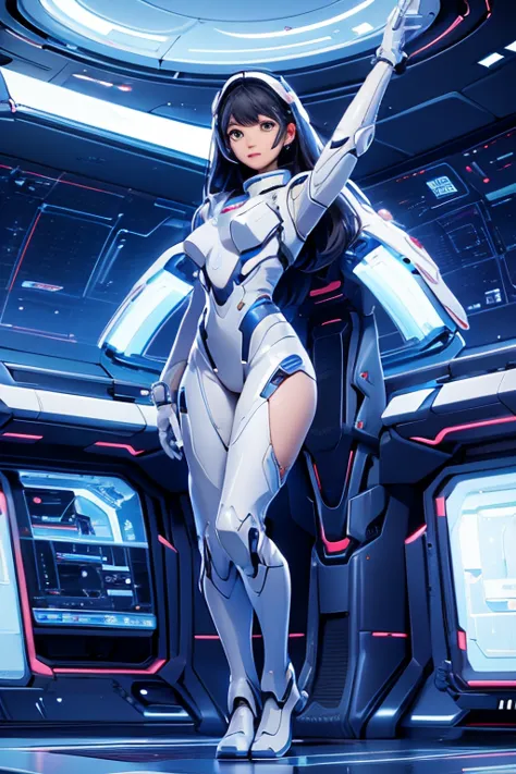 1 cute and beautiful girl, 20 years,  standing in a huge spaceship ,  full of technology and futuristic interior ., open view , ...