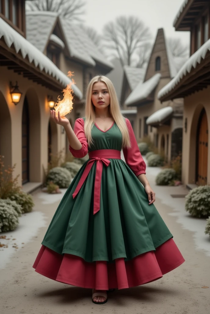 a beautiful sorceress with long blond hair casts a fireball in a dynamic pose against the background of a picturesque hobbit village, concentration, cold atmosphere, a bizarre mix of colors