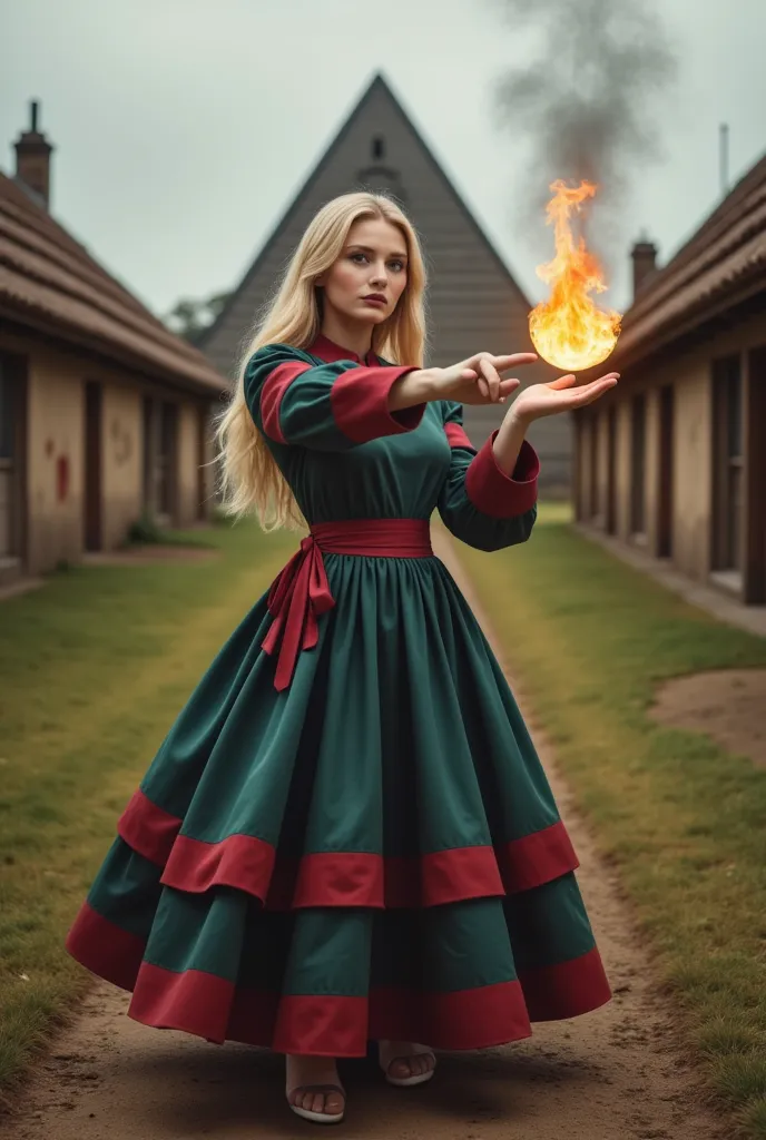 a beautiful sorceress with long blond hair casts a fireball in a dynamic pose against the background of a picturesque hobbit vil...