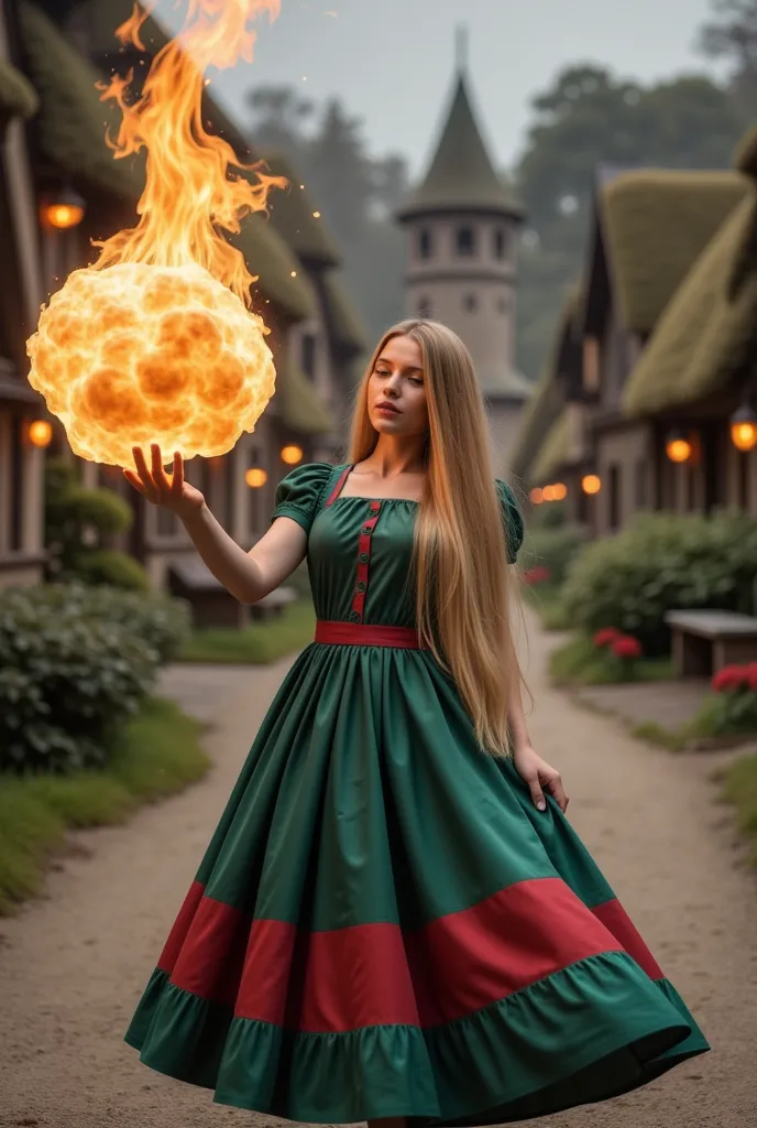 a beautiful sorceress with long blond hair casts a fireball in a dynamic pose against the background of a picturesque hobbit vil...