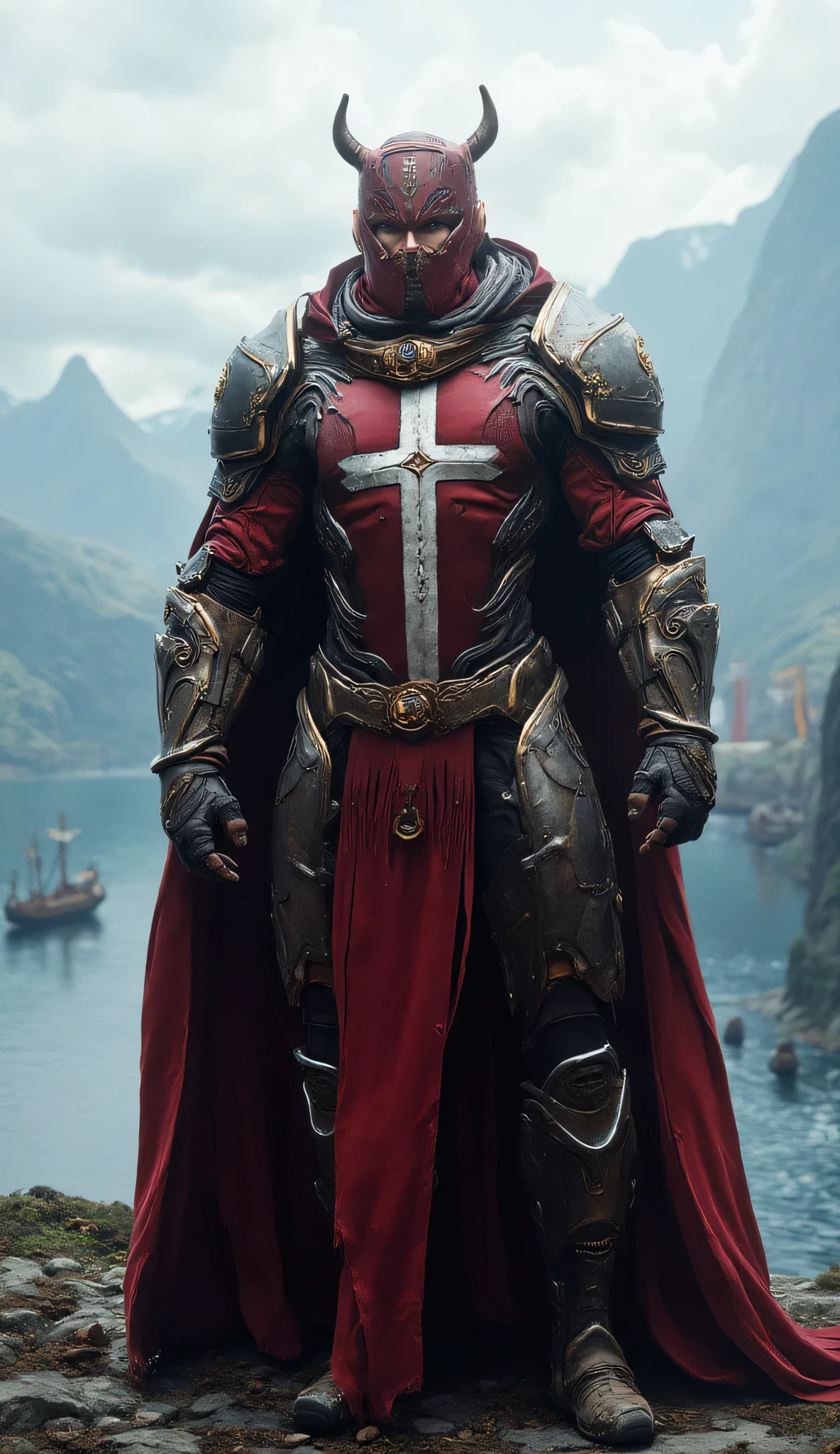 "Create an ultra-realistic wide-shot image of a male superhero inspired by DC characters. His tactical armor should blend modern combat design with Danish culture, mythology, and the colors of Denmark's flag. The armor is sleek and powerful, featuring deep red and white tones with a stylized white cross on the chest. Include Viking aesthetics, like runes and Norse symbols, especially on his helmet and shoulder guards, which should resemble ancient Nordic designs. Show him standing on a rocky cliff, overlooking a vast fjord and Danish countryside with Viking longships in the distance, creating an epic, mythological atmosphere."