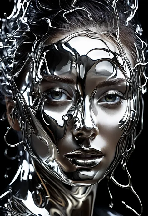 a mesmerizing close-up portrait of a woman's face ,  presenting a unique dichotomy .  the left side is elegant ,  liquid metal m...