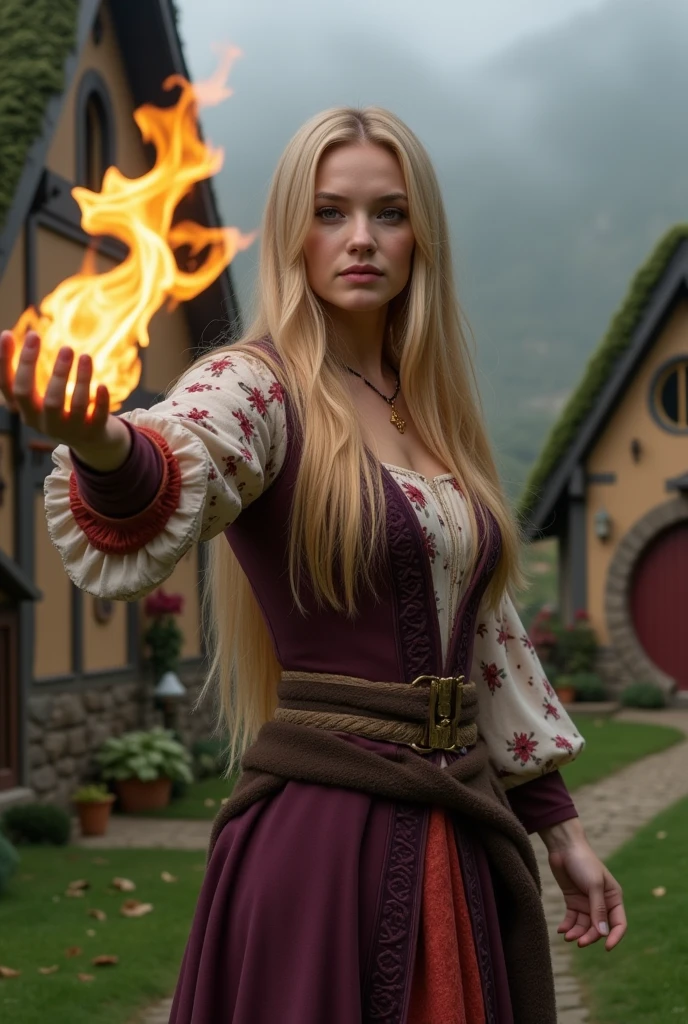 a beautiful sorceress with long blond hair casts a fireball in a dynamic pose against the background of a picturesque hobbit village, concentration, cold atmosphere, a bizarre mix of colors