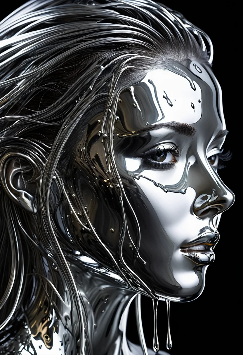  A mesmerizing close-up portrait of a woman's face ,  presenting a unique dichotomy .  The left side is elegant ,  liquid metal machinery ,  dripping and flowing dynamically as if she were a living entity .  The metallic fluid shines and reflects , creating an illusion of depth and movement. The right side ,  In strong contrast ,  remains a natural ,  soft human face ,  undisturbed by the futuristic counterpart .  The transition between the two halves is perfect ,  yet surprisingly apparent ,  drawing the viewer's attention .  The woman's eyes are expressive ,  conveying a sense of intrigue and supernatural .  kinematic Her hair flows gracefully ,  framing her face and accentuating the unique fusion of human and machine .  The background fades to a dark tone ,  mysterious tint ,  allowing the focal point to remain only on the woman's face and her remarkable transformation.

