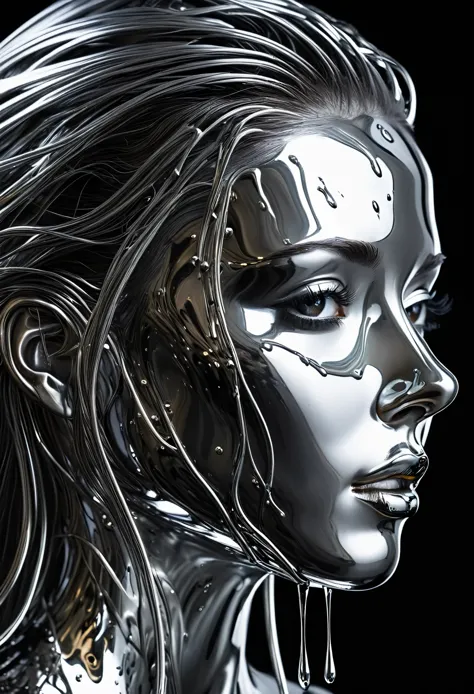 a mesmerizing close-up portrait of a woman's face ,  presenting a unique dichotomy .  the left side is elegant ,  liquid metal m...