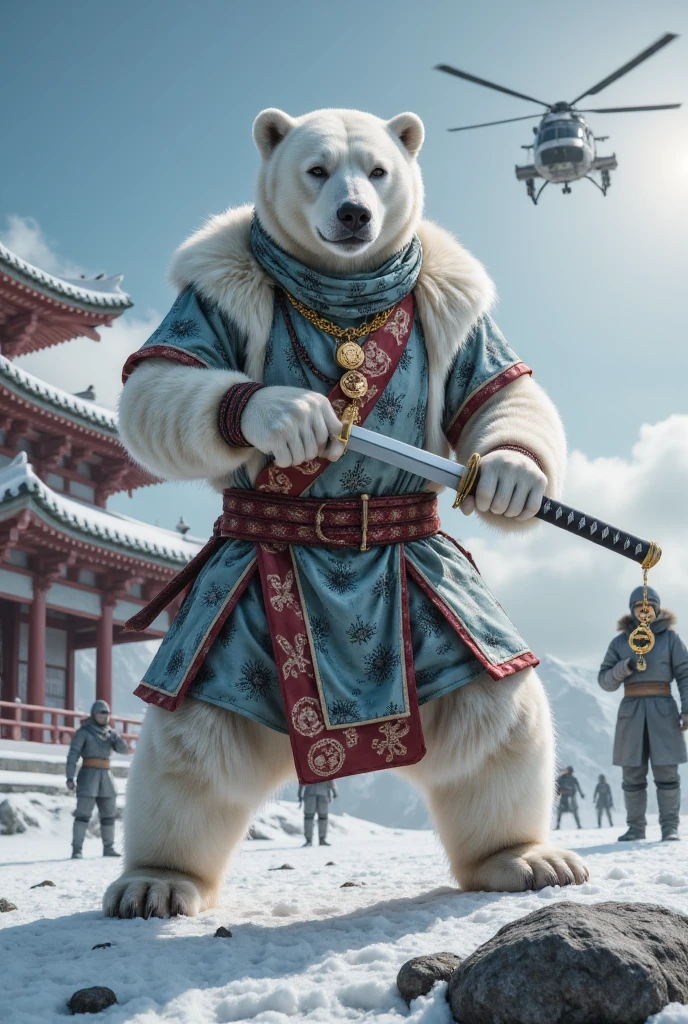 polar bear.
Ninja clothing.
Glowing eyes.
An emoji pendant hanging from the handle of a katana.
 Arctic camouflage on costume .
 daggers and weapons on the body .
 emoji pendants hanging from the handle of a katana sword on the top of a house with oriental architecture .
 helicopter in background .
They cover up.
 brass knuckles as necklaces .
Oriental hat .
 with red halo .
 Other ninjas around are about to attack .