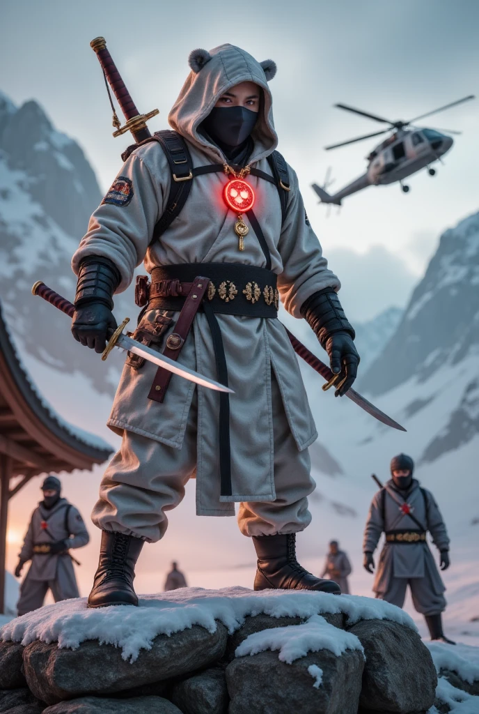 polar bear.
Ninja clothing.
Glowing eyes.
 emoji pendant hanging from the handle of a samurai sword.
 Arctic camouflage on costume .
 daggers and weapons on the body .
 emoji pendants hanging from the handle of a katana sword on the top of a house with oriental architecture .
 helicopter in background .
They cover up.
 brass knuckles as necklaces .
Oriental hat .
 with red halo .
 Other ninjas around are about to attack .Heavy artillery fire 