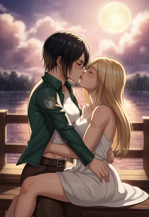 score_9, score_8_up, score_7_up, BREAK source_anime, historia reiss, blue eyes, blonde hair, long hair, medium breasts, long white dress sleeveless,female black hair soldier hugs historia,Mikasa with historia hugs,mikasa wreanig open green jacket and black combat pants,Mikasa female with short hair,mikasa female medium breasts,eyes closed,in night,moon in sky,mikasa final season,mikasa,Mikasa hugs historia،mikasa femboy,mikasa final season,historia blonde hair,hugs and kissing,mikasa carrying historia and kissing her,Mikasa lifts Historia up and kisses her.in middle night,raining outside,mikasa final season,girls kissing,girl×girl,lesbians,yuri,romantic wallpapers,historia sitting on mikasa and kissing her,Mikasa in both hands touch historia ass, raining,wet body's,water dropped on mikasa and historia body's,mikasa final season design,character's from season 4,historia crying while kissing mikasa,crying both,one of Historia hands touch mikasa abs,romantic kissing,mikasa abs appear in her open jacket,historia blonde long hair skinny and soft and cute body,mikasa lean muscles body,mikasa pixie cut hairstyle,perfect generates 