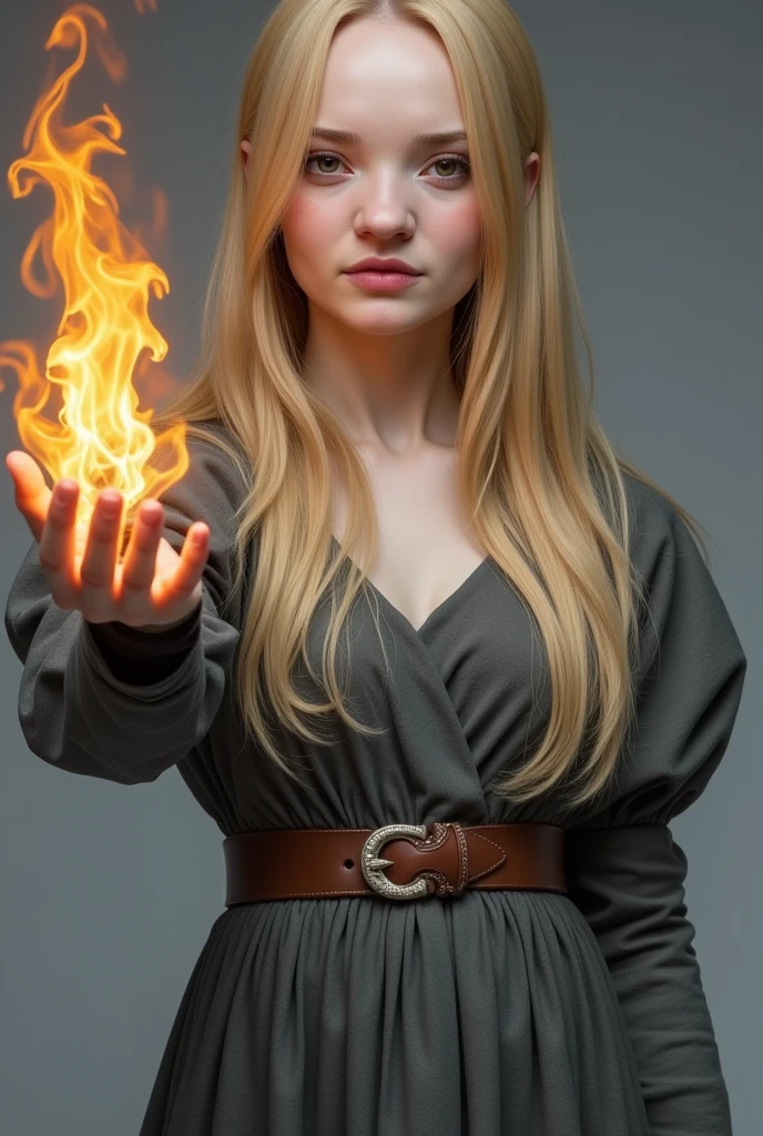 game character a beautiful sorceress with long blond hair wearing dress casts a fireball in a dynamic pose without background, concentration, cold atmosphere, a bizarre mix of colors