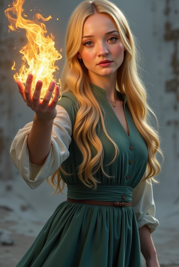 vector character a beautiful sorceress with long blond hair wearing dress casts a fireball in a dynamic pose without background, concentration, cold atmosphere, a bizarre mix of colors