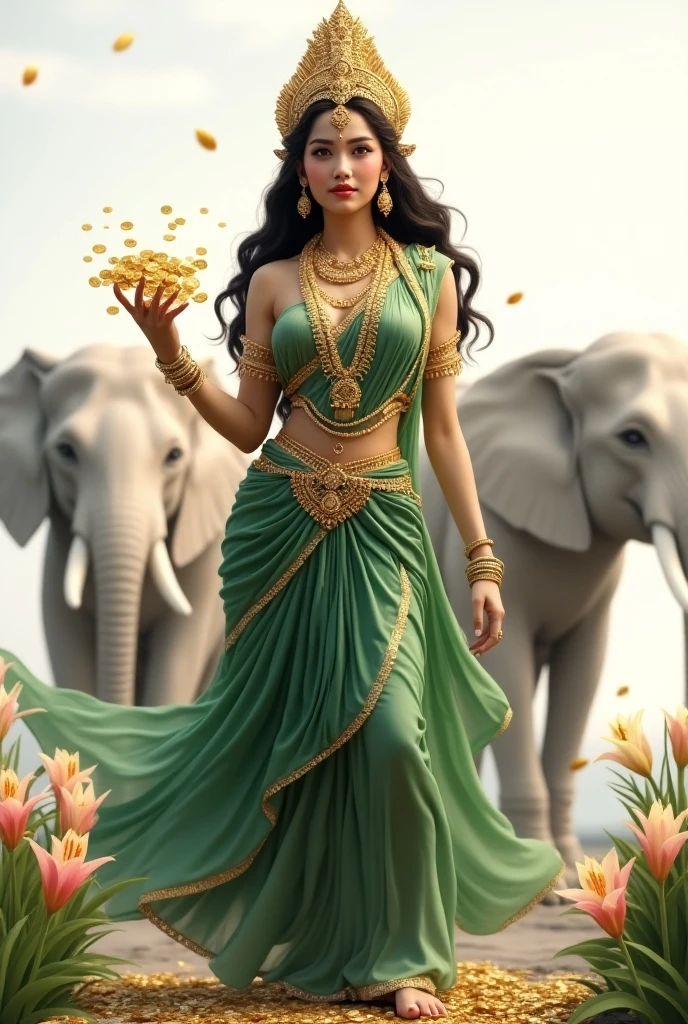 
 The beautiful goddess Lakshmi in green silk, gold rim, bright diamond with gold jewelry. ,  small chest, show breasts, Vagina,  sex surrounded by white elephants and beautiful lilies. .  The girl smiles happily and looks at the camera and holds a large number of gold coins in one hand to ask for blessings., The floor stands , White background