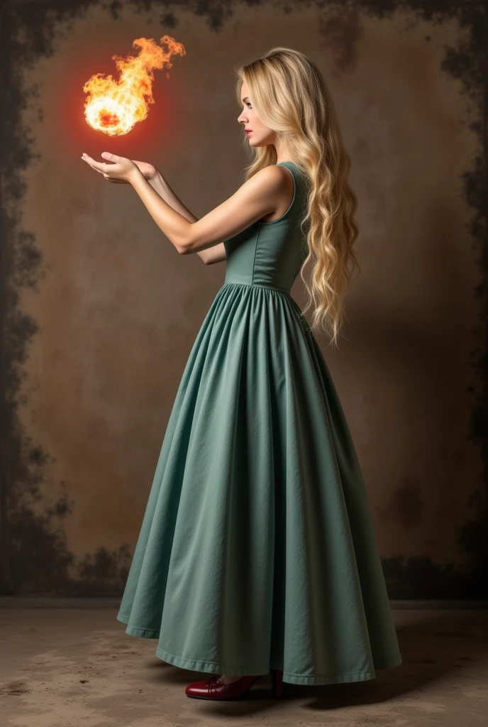 vector character a beautiful sorceress with long blond hair wearing dress casts a fireball in a dynamic pose without background, concentration, cold atmosphere, a bizarre mix of colors