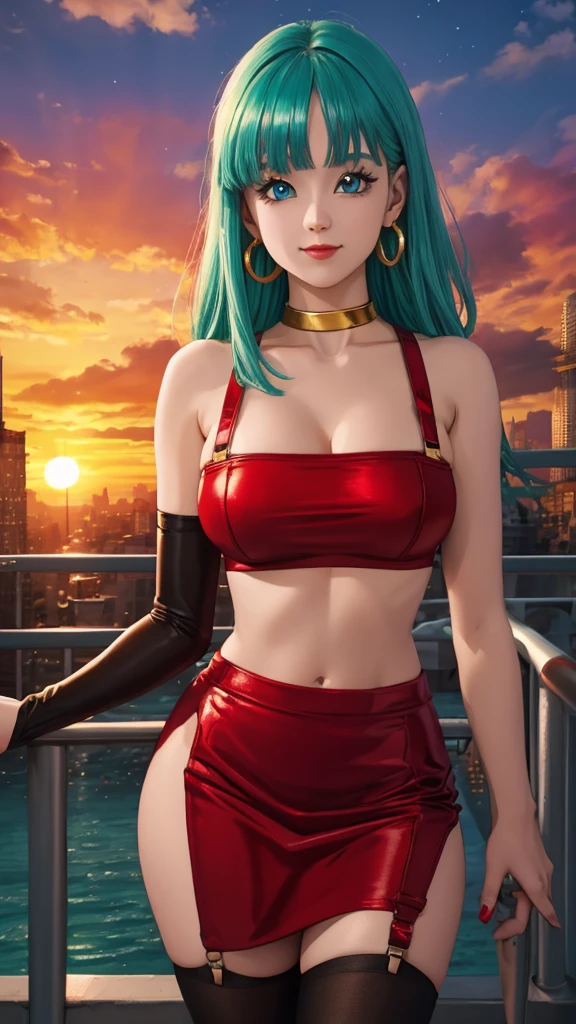 realistic 1.2, Bra Bulla  ,  aqua blue hair,  red hair band, red gloves, red crop top, blue eyes, skirt, hoop earrings,  choker, Alone, 1 , city, open air, pose sexy, smile, sunset, visual effects (Visual Effect)  highlights the intricate anatomical features in a perfect way. sound effects, complement visual art, immersing the viewer. The level of detail is inspiring,   with meticulously crafted intricate elements  ,  Volumetric effects add depth and dimension , and the photorealism is unmatched. The image is rendered in 8K resolution, ensuring super detailed visuals.  Volumetric lighting adds a touch of magic ,   highlighting her beauty and aura in a supernatural way . A tecnologia High Dynamic Range (HDR) makes the cores stand out, adding richness to the overall composition. Finally, this art presents an unreal portrait.