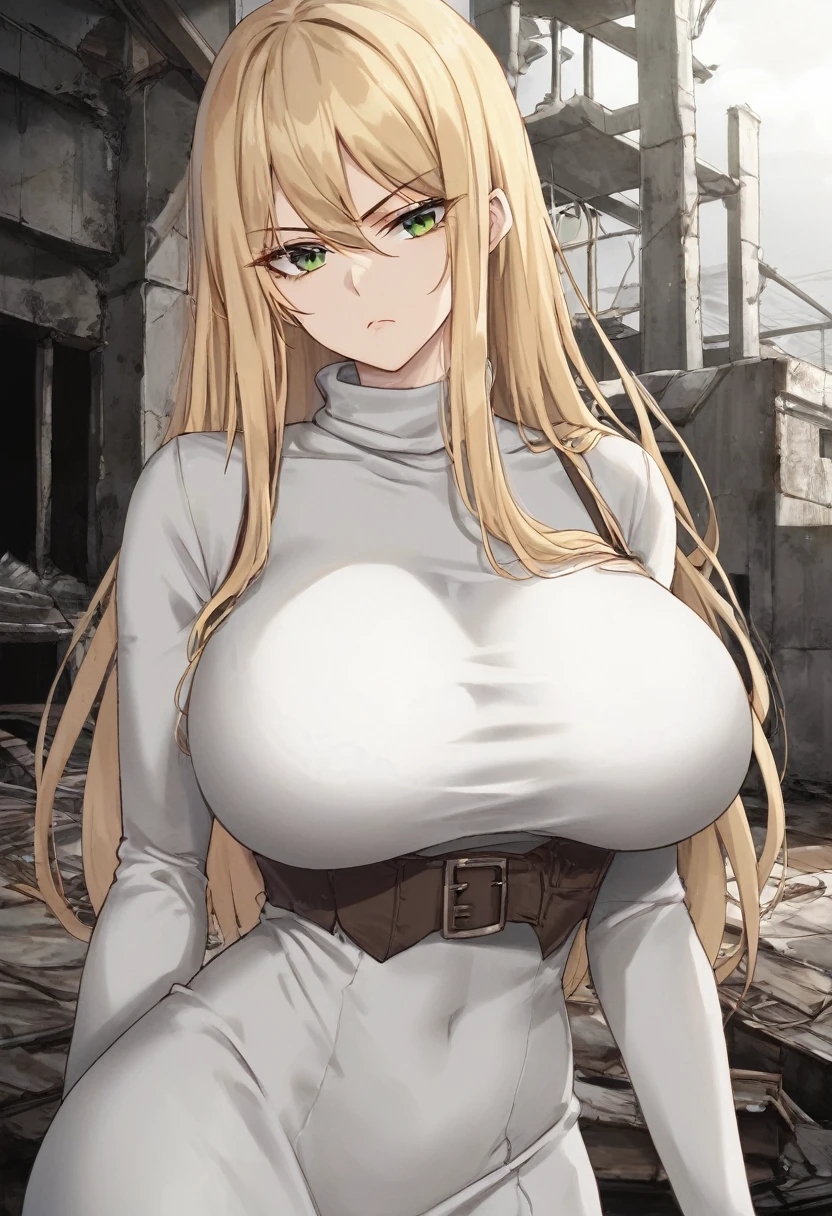 1girl, long blonde hair, serious face, green eyes, round big breasts, long black turtleneck dress, abandoned building background, 