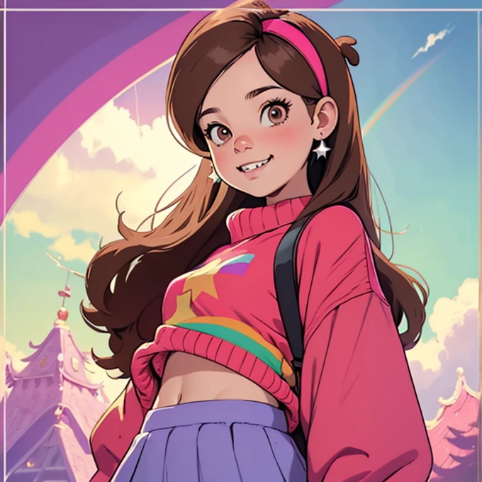 [Mabel], [ Gravity Falls ], ((masterpiece)), (( High Resolution )), ((high res)), ((Solo Portrait)), ((From the waist up)), ((Front View)), (( Detailed Shading )), (( soft texture)), ((Intricate details)), (( Anime Girls )), (( movie-like )), {Attractive; (Long brown hair), ( Cute Dark Brown Eyes ), (Large Breasts), (Curvy Hips), (Beautiful legs), ( cute smile ), (  Silver Braces on Teeth  )}, {(  Hot Pink Knitted Sweater with Rainbow Print), (Green Skirt), ( Hot Pink Hairband  ), ( Diamond Earrings )}, {(standing), (Wavy), ( staring at viewers )}, [ Background; (Prairie Zone ), (sun rays), (blue sky), (Sky with clouds), (Ambient Lighting)]