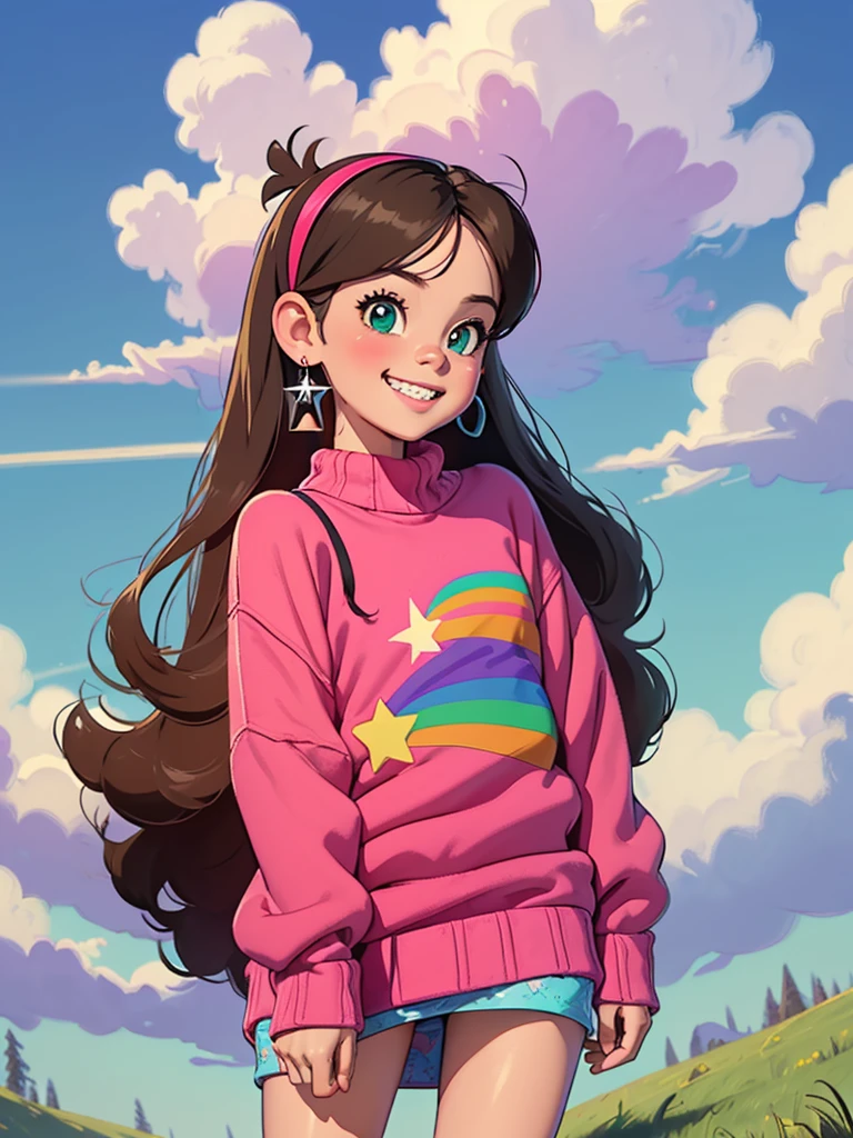 [Mabel], [ Gravity Falls ], ((masterpiece)), (( High Resolution )), ((high res)), ((Solo Portrait)), ((Front View)), (( Detailed Shading )), (( soft texture)), ((Intricate details)), (( ANIME  slim legs), ( cute smile ), (  Silver Braces on Teeth  )}, {(  HOT PINK KNIT SWEATER WITH RAINBOW PRINTED), (GREEN SHORT SKIRT ), ( Hot Pink Hairband  ), ( Diamond Earrings )}, {(standing), (Wavy), ( staring at viewers )}, [ Background; (Prairie Zone ), (sun rays), (blue sky), (Sky with clouds), (Ambient Lighting)]，Cunning gestures，