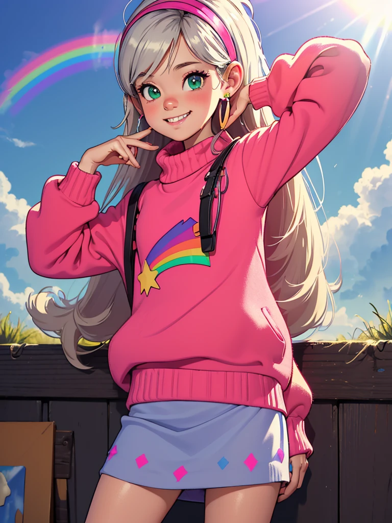 [Mabel], [ Gravity Falls ], ((masterpiece)), (( High Resolution )), ((high res)), ((Solo Portrait)), ((Front View)), (( Detailed Shading )), (( soft texture)), ((Intricate details)), (( ANIME  slim legs), ( cute smile ), (  Silver Braces on Teeth  )}, {(  HOT PINK KNIT SWEATER WITH RAINBOW PRINTED), (GREEN SHORT SKIRT ), ( Hot Pink Hairband  ), ( Diamond Earrings )}, {(standing), (Wavy), ( staring at viewers )}, [ Background; (Prairie Zone ), (sun rays), (blue sky), (Sky with clouds), (Ambient Lighting)]，Cunning gestures，