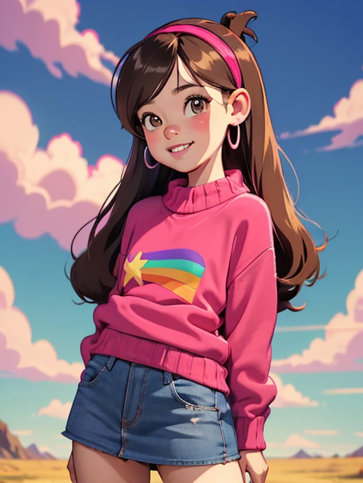 [Mabel], [ Gravity Falls ], ((masterpiece)), (( High Resolution )), ((high res)), ((Solo Portrait)), ((Front View)), (( Detailed Shading )), (( soft texture)), ((Intricate details)), ((Anime young  )), Very short stature，(( movie-like )), {Attractive; (Long brown hair), ( CUTE DARK BROWN EYES ), ( flat chest), (Curvy Hips), (Beautiful slim legs), ( cute smile ), (  Silver Braces on Teeth  )}, {(  hot pink knitted sweater with rainbow print), (denim short skirt), ( Hot Pink Hairband  ), ( Diamond Earrings )}, {(standing), (Wavy), ( staring at viewers )}, [ Background; (Prairie Zone ), (sun rays), (blue sky), (Sky with clouds), (Ambient Lighting)]，Cunning gestures，