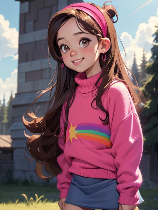 [Mabel], [ Gravity Falls ], ((masterpiece)), (( High Resolution )), ((high res)), ((Solo Portrait)), ((Front View)), (( Detailed Shading )), (( soft texture)), ((Intricate details)), ((Anime young  )), Very short stature，(( movie-like )), {Attractive; (Long brown hair), ( CUTE DARK BROWN EYES ), ( flat chest), (Curvy Hips), (Beautiful slim legs), ( cute smile ), (  Silver Braces on Teeth  )}, {(  hot pink knitted sweater with rainbow print), (denim short skirt), ( Hot Pink Hairband  ), ( Diamond Earrings )}, {(standing), (Wavy), ( staring at viewers )}, [ Background; (Prairie Zone ), (sun rays), (blue sky), (Sky with clouds), (Ambient Lighting)]，Cunning gestures，