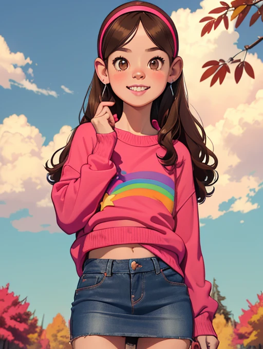 [Mabel], [ Gravity Falls ], ((masterpiece)), (( High Resolution )), ((high res)), ((Solo Portrait)), ((Front View)), (( Detailed Shading )), (( soft texture)), ((Intricate details)), (( animated young )), Very short stature，(( movie-like )), {Attractive; (Long brown hair), ( CUTE DARK BROWN EYES ), ( flat chest), (Curvy Hips), (Beautiful slim legs), ( cute smile ), (  Silver Braces on Teeth  )}, {(  HOT PINK KNIT SWEATER WITH RAINBOW PRINTED), (denim short skirt),  white panties，( Hot Pink Hairband  ), ( Diamond Earrings )}, {(standing), (Wavy), ( staring at viewers )}, [ Background; (Autumn Prairie ), autumn leaves，(sun rays), (blue sky), (Sky with clouds), (Ambient Lighting)]，Cunning gestures，