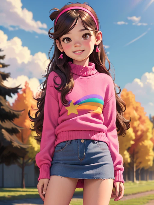 [Mabel], [ Gravity Falls ], ((masterpiece)), (( High Resolution )), ((high res)), ((Solo Portrait)), ((Front View)), (( Detailed Shading )), (( soft texture)), ((Intricate details)), (( animated young )), Very short stature，(( movie-like )), {Attractive; (Long brown hair), ( Cute Dark Brown Eyes ), ( flat chest), (Curvy Hips), (Beautiful slim legs), ( cute smile ), (  Silver Braces on Teeth  )}, {(  Hot Pink Knitted Sweater with Rainbow Print), (denim short skirt), white cute panties，Panty shot，Urine stains，( Hot Pink Hairband  ), ( Diamond Earrings )}, {(standing), (Wavy), ( staring at viewers )}, [ Background; (Autumn Prairie ), autumn leaves，(sun rays), (blue sky), (Sky with clouds), (Ambient Lighting)]，Cunning gestures，