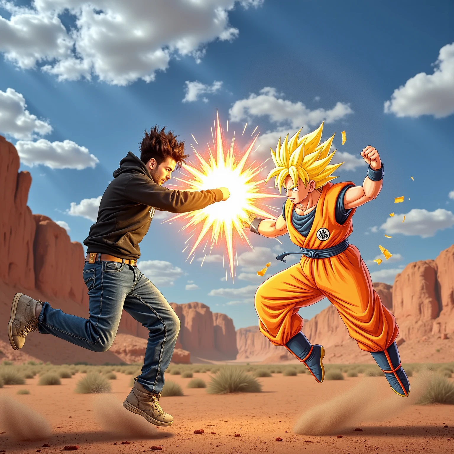 A high-energy battle between 'Titoworld,' depicted in a realistic photographic style, dressed in casual clothes (jeans and a hoodie), and Son Goku, drawn in Akira Toriyama's manga style, with glowing energy surrounding him. The two are locked in combat, exchanging fast punches and energy blasts that light up the sky. The fight takes place in a barren, rocky landscape with dust and debris flying from their attacks. Both warriors are in mid-air, showcasing their superhuman strength and speed. The image should depict a contrast between 'Titoworld' in a realistic style, facing the camera from the front, and the stylized, manga-like Son Goku, staying true to the Toriyama aesthetic