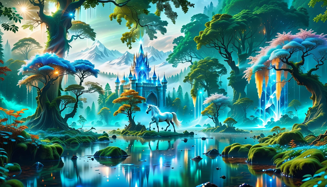 A Masterpiece In 32K Resolution, Supreme Quality, Super Detail, Official Art, Very High-Resolution 32K Wallpaper, Beautiful And Aesthetic, Ultra-Detailed Features, Awe-Inspiring Detail. Massive Trees Tower Over A Misty Enchanted Forest, Their Roots Tangled With Glowing Blue Fungi. Crystal Clear Rivers Flow Through Lush, Emerald Green Fields. A Glittering Elven Palace Stands Amidst The Canopy, Its Towers Reflecting The Sunlight, Creating A Magical Aura. A Majestic Mystical White Unicorn With A Shimmering Coat Gallops Gracefully Through A Dense, Ancient Forest. Its Flowing Mane Glows Softly, Radiating Beams Of Ethereal Light, Casting A Magical Glow On The Surroundings.