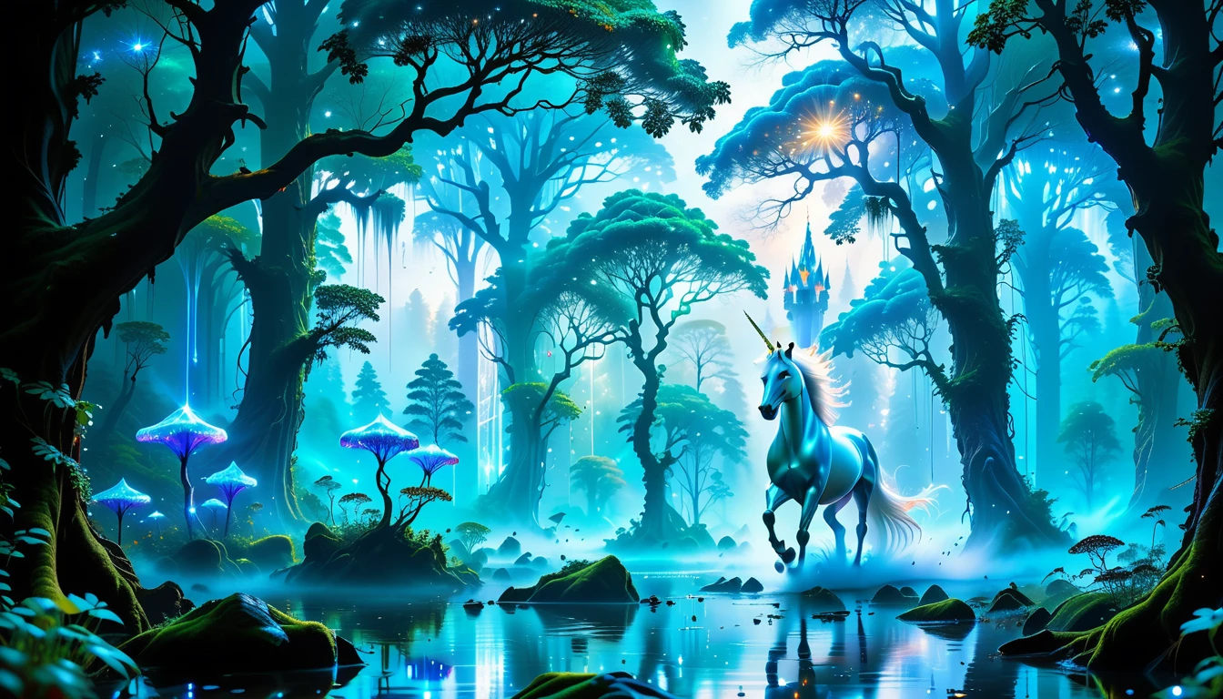 A Masterpiece In 32K Resolution, Supreme Quality, Super Detail, Official Art, Very High-Resolution 32K Wallpaper, Beautiful And Aesthetic, Ultra-Detailed Features, Awe-Inspiring Detail. Massive Trees Tower Over A Misty Enchanted Forest, Their Roots Tangled With Glowing Blue Fungi. Crystal Clear Rivers Flow Through Lush, Emerald Green Fields. A Glittering Elven Palace Stands Amidst The Canopy, Its Towers Reflecting The Sunlight, Creating A Magical Aura. A Majestic Mystical White Unicorn With A Shimmering Coat Gallops Gracefully Through A Dense, Ancient Forest. Its Flowing Mane Glows Softly, Radiating Beams Of Ethereal Light, Casting A Magical Glow On The Surroundings.