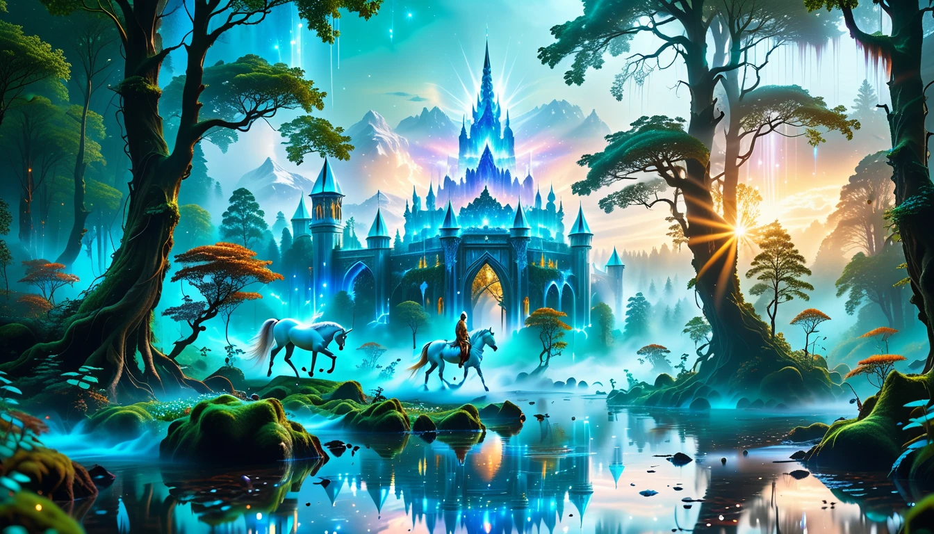 A Masterpiece In 32K Resolution, Supreme Quality, Super Detail, Official Art, Very High-Resolution 32K Wallpaper, Beautiful And Aesthetic, Ultra-Detailed Features, Awe-Inspiring Detail. Massive Trees Tower Over A Misty Enchanted Forest, Their Roots Tangled With Glowing Blue Fungi. Crystal Clear Rivers Flow Through Lush, Emerald Green Fields. A Glittering Elven Palace Stands Amidst The Canopy, Its Towers Reflecting The Sunlight, Creating A Magical Aura. A Majestic Mystical White Unicorn With A Shimmering Coat Gallops Gracefully Through A Dense, Ancient Forest. Its Flowing Mane Glows Softly, Radiating Beams Of Ethereal Light, Casting A Magical Glow On The Surroundings.