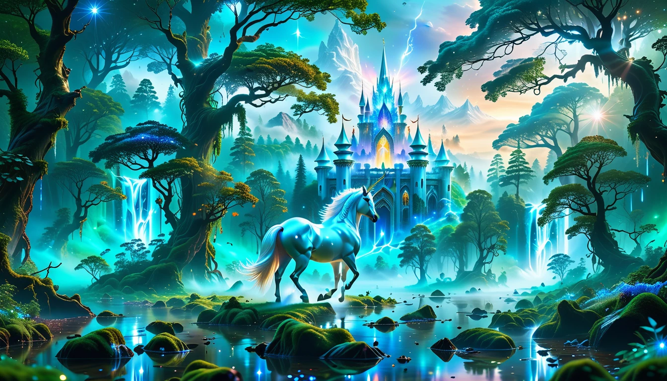 A Masterpiece In 32K Resolution, Supreme Quality, Super Detail, Official Art, Very High-Resolution 32K Wallpaper, Beautiful And Aesthetic, Ultra-Detailed Features, Awe-Inspiring Detail. Massive Trees Tower Over A Misty Enchanted Forest, Their Roots Tangled With Glowing Blue Fungi. Crystal Clear Rivers Flow Through Lush, Emerald Green Fields. A Glittering Elven Palace Stands Amidst The Canopy, Its Towers Reflecting The Sunlight, Creating A Magical Aura. A Majestic Mystical White Unicorn With A Shimmering Coat Gallops Gracefully Through A Dense, Ancient Forest. Its Flowing Mane Glows Softly, Radiating Beams Of Ethereal Light, Casting A Magical Glow On The Surroundings.