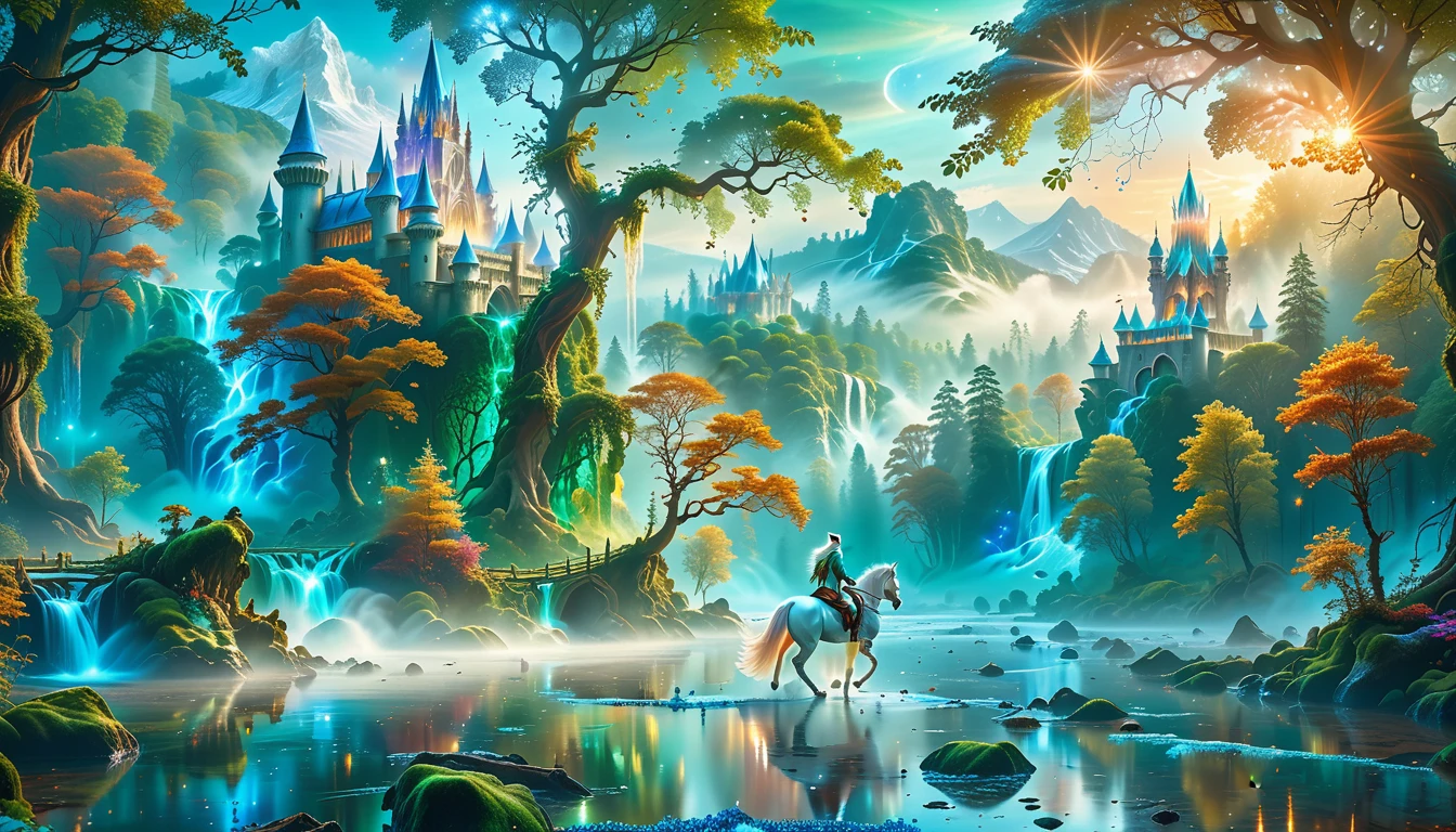 A Masterpiece In 32K Resolution, Supreme Quality, Super Detail, Official Art, Very High-Resolution 32K Wallpaper, Beautiful And Aesthetic, Ultra-Detailed Features, Awe-Inspiring Detail. Massive Trees Tower Over A Misty Enchanted Forest, Their Roots Tangled With Glowing Blue Fungi. Crystal Clear Rivers Flow Through Lush, Emerald Green Fields. A Glittering Elven Palace Stands Amidst The Canopy, Its Towers Reflecting The Sunlight, Creating A Magical Aura. A Majestic Mystical White Unicorn With A Shimmering Coat Gallops Gracefully Through A Dense, Ancient Forest. Its Flowing Mane Glows Softly, Radiating Beams Of Ethereal Light, Casting A Magical Glow On The Surroundings.