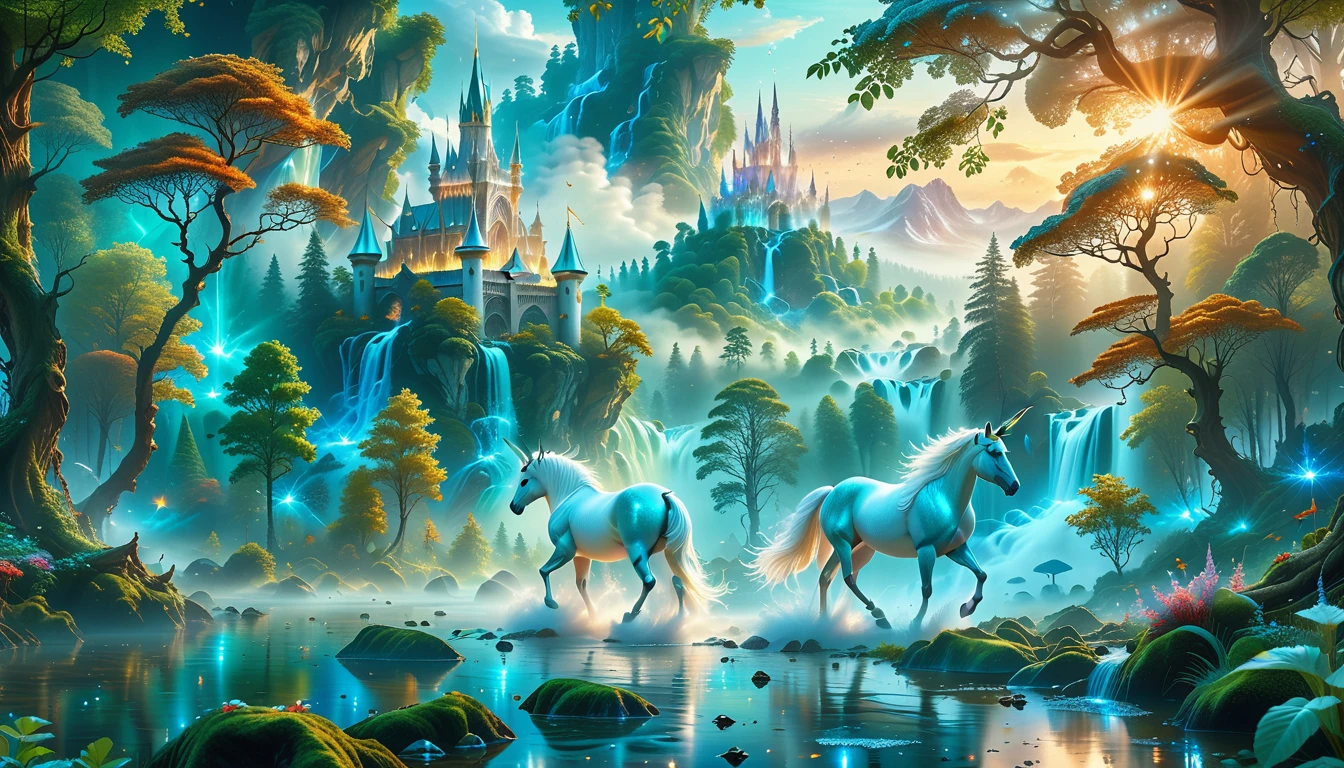 A Masterpiece In 32K Resolution, Supreme Quality, Super Detail, Official Art, Very High-Resolution 32K Wallpaper, Beautiful And Aesthetic, Ultra-Detailed Features, Awe-Inspiring Detail. Massive Trees Tower Over A Misty Enchanted Forest, Their Roots Tangled With Glowing Blue Fungi. Crystal Clear Rivers Flow Through Lush, Emerald Green Fields. A Glittering Elven Palace Stands Amidst The Canopy, Its Towers Reflecting The Sunlight, Creating A Magical Aura. A Majestic Mystical White Unicorn With A Shimmering Coat Gallops Gracefully Through A Dense, Ancient Forest. Its Flowing Mane Glows Softly, Radiating Beams Of Ethereal Light, Casting A Magical Glow On The Surroundings.