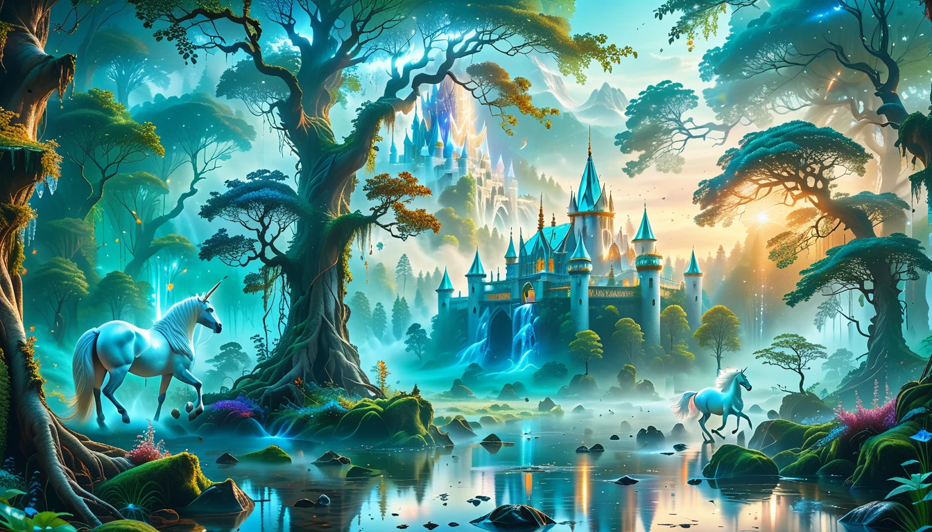 A Masterpiece In 32K Resolution, Supreme Quality, Super Detail, Official Art, Very High-Resolution 32K Wallpaper, Beautiful And Aesthetic, Ultra-Detailed Features, Awe-Inspiring Detail. Massive Trees Tower Over A Misty Enchanted Forest, Their Roots Tangled With Glowing Blue Fungi. Crystal Clear Rivers Flow Through Lush, Emerald Green Fields. A Glittering Elven Palace Stands Amidst The Canopy, Its Towers Reflecting The Sunlight, Creating A Magical Aura. A Majestic Mystical White Unicorn With A Shimmering Coat Gallops Gracefully Through A Dense, Ancient Forest. Its Flowing Mane Glows Softly, Radiating Beams Of Ethereal Light, Casting A Magical Glow On The Surroundings.