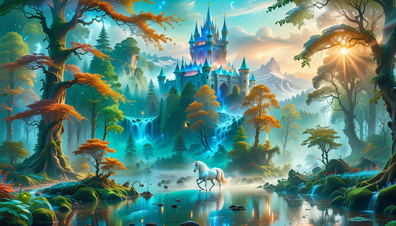 A Masterpiece In 32K Resolution, Supreme Quality, Super Detail, Official Art, Very High-Resolution 32K Wallpaper, Beautiful And Aesthetic, Ultra-Detailed Features, Awe-Inspiring Detail. Massive Trees Tower Over A Misty Enchanted Forest, Their Roots Tangled With Glowing Blue Fungi. Crystal Clear Rivers Flow Through Lush, Emerald Green Fields. A Glittering Elven Palace Stands Amidst The Canopy, Its Towers Reflecting The Sunlight, Creating A Magical Aura. A Majestic Mystical White Unicorn With A Shimmering Coat Gallops Gracefully Through A Dense, Ancient Forest. Its Flowing Mane Glows Softly, Radiating Beams Of Ethereal Light, Casting A Magical Glow On The Surroundings.