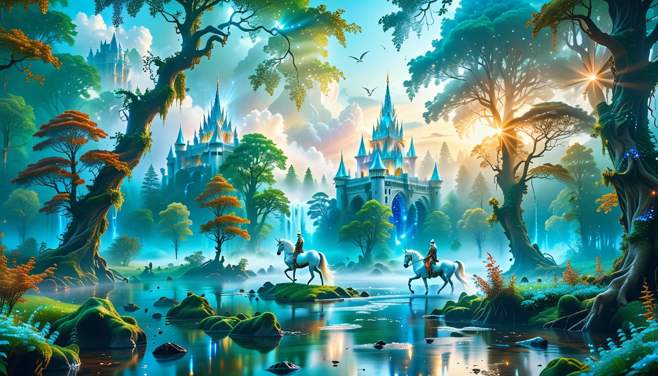 A Masterpiece In 32K Resolution, Supreme Quality, Super Detail, Official Art, Very High-Resolution 32K Wallpaper, Beautiful And Aesthetic, Ultra-Detailed Features, Awe-Inspiring Detail. Massive Trees Tower Over A Misty Enchanted Forest, Their Roots Tangled With Glowing Blue Fungi. Crystal Clear Rivers Flow Through Lush, Emerald Green Fields. A Glittering Elven Palace Stands Amidst The Canopy, Its Towers Reflecting The Sunlight, Creating A Magical Aura. A Majestic Mystical White Unicorn With A Shimmering Coat Gallops Gracefully Through A Dense, Ancient Forest. Its Flowing Mane Glows Softly, Radiating Beams Of Ethereal Light, Casting A Magical Glow On The Surroundings.