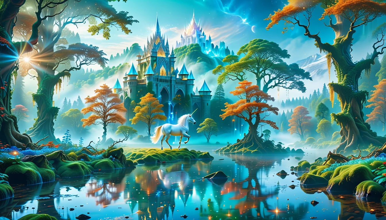 A Masterpiece In 32K Resolution, Supreme Quality, Super Detail, Official Art, Very High-Resolution 32K Wallpaper, Beautiful And Aesthetic, Ultra-Detailed Features, Awe-Inspiring Detail. Massive Trees Tower Over A Misty Enchanted Forest, Their Roots Tangled With Glowing Blue Fungi. Crystal Clear Rivers Flow Through Lush, Emerald Green Fields. A Glittering Elven Palace Stands Amidst The Canopy, Its Towers Reflecting The Sunlight, Creating A Magical Aura. A Majestic Mystical White Unicorn With A Shimmering Coat Gallops Gracefully Through A Dense, Ancient Forest. Its Flowing Mane Glows Softly, Radiating Beams Of Ethereal Light, Casting A Magical Glow On The Surroundings.