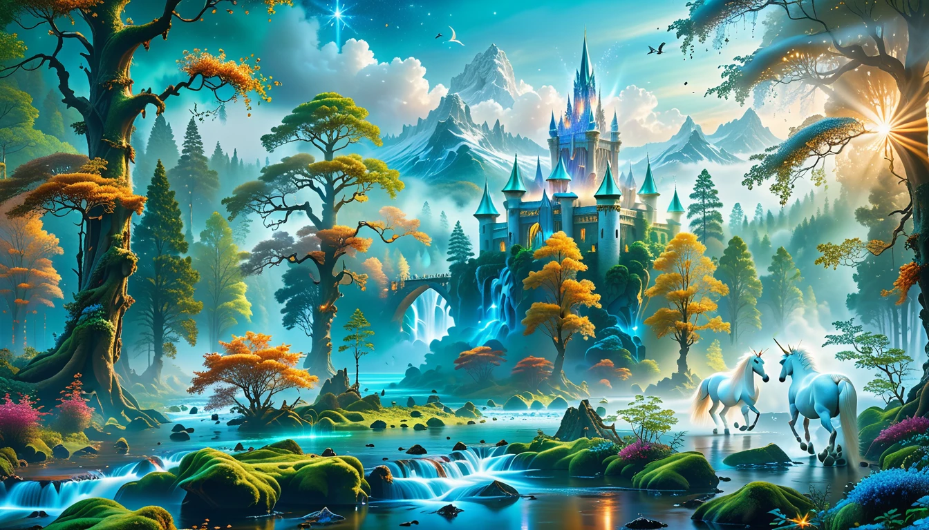 A Masterpiece In 32K Resolution, Supreme Quality, Super Detail, Official Art, Very High-Resolution 32K Wallpaper, Beautiful And Aesthetic, Ultra-Detailed Features, Awe-Inspiring Detail. Massive Trees Tower Over A Misty Enchanted Forest, Their Roots Tangled With Glowing Blue Fungi. Crystal Clear Rivers Flow Through Lush, Emerald Green Fields. A Glittering Elven Palace Stands Amidst The Canopy, Its Towers Reflecting The Sunlight, Creating A Magical Aura. A Majestic Mystical White Unicorn With A Shimmering Coat Gallops Gracefully Through A Dense, Ancient Forest. Its Flowing Mane Glows Softly, Radiating Beams Of Ethereal Light, Casting A Magical Glow On The Surroundings.